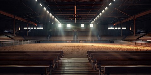 A majestic rodeo arena with empty bleachers under bright lights waiting for the next thrilling event