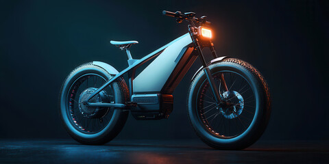 A modern electric bicycle with battery pack showcased against a dark background, highlighting its sleek design and robust features