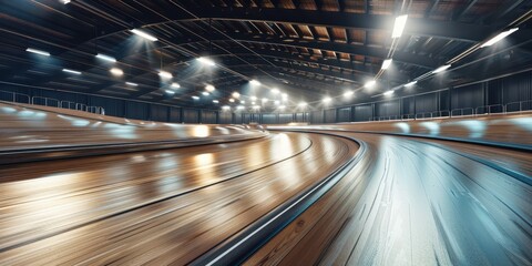 Modern indoor cycling velodrome featuring a smooth wooden track illuminated by bright spotlights at a dynamic racing venue