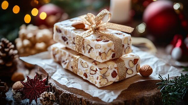 Italian torrone nougat with almonds and honey, wrapped in parchment paper with a traditional festive backdrop