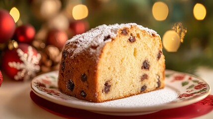 Panettone slice with a dusting of powdered sugar, on a festive plate with a holiday backdrop