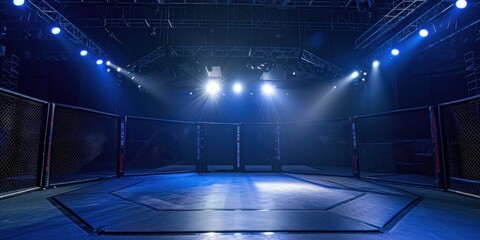 Empty professional martial arts arena featuring an octagon cage and bright stage lights illuminating the competition area