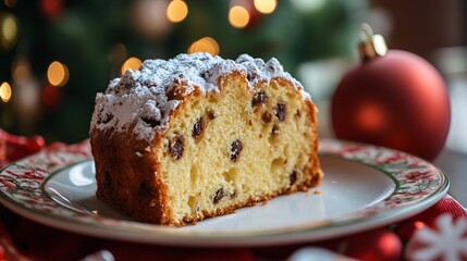 Panettone slice with a dusting of powdered sugar, on a festive plate with a holiday backdrop