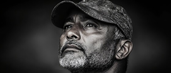  A monochrome image of a bearded man in a baseball cap, gazing away from the camera