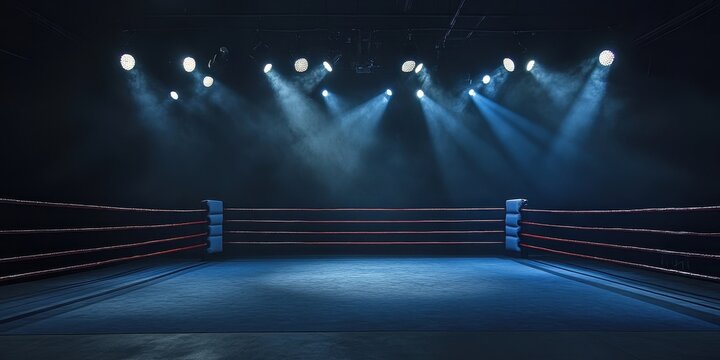 Illuminated empty wrestling ring ready for an upcoming match under bright spotlights
