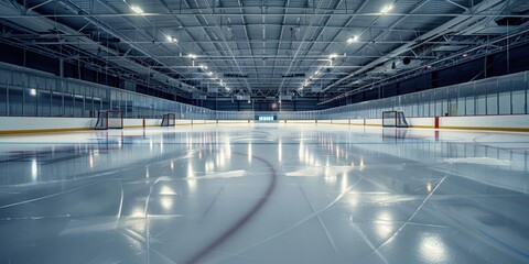 Clean ice hockey rink illuminated under arena lights, ready for play in a sports facility venue