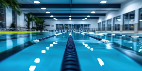 Fototapeta premium Indoor swimming pool featuring neatly set lanes and reflective overhead lighting for a serene aquatic experience