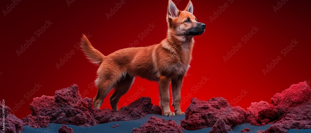 Wall mural a dog atop a rockpile against a red-hued sky