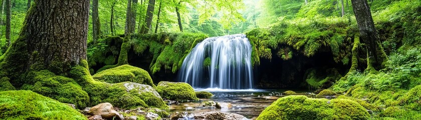 Obraz premium Hidden waterfall in an ancient forest, surrounded by moss-covered rocks and towering, old trees with a mystical vibe