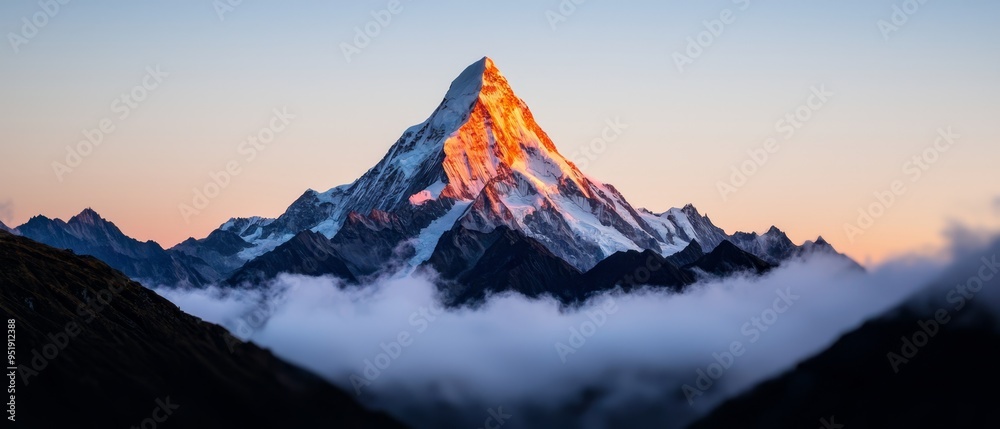 Canvas Prints a mountain peak cloaked in clouds at sunset or dawn, against a backdrop of a pink and blue sky