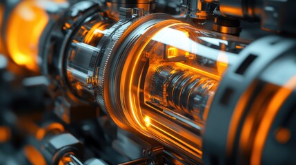 Fototapeta premium High-tech industrial transparent glowing translucent energy shell and tube heat exchangers with pipes, futuristic energy and fuel equipment in an oil refinery