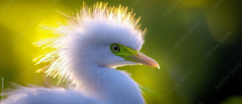 Wall mural a tight shot of a white bird with a lengthy neck and a vibrant green head against an indistinct back