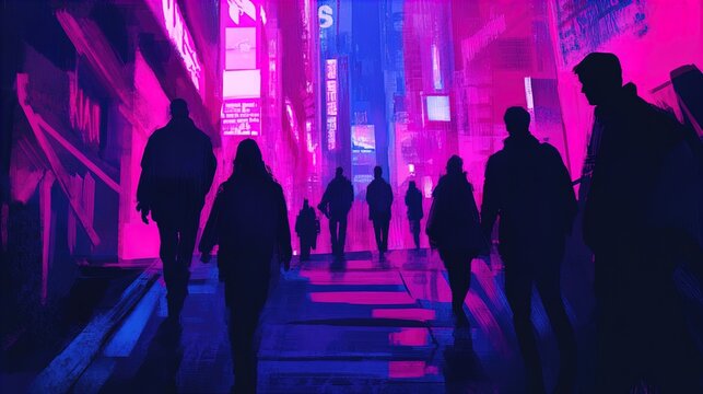 A vibrant and dynamic urban scene depicted in a neon color palette of pink, purple, and blue hues. The image features a dimly lit city street populated by silhouetted figures walking towards a brightl