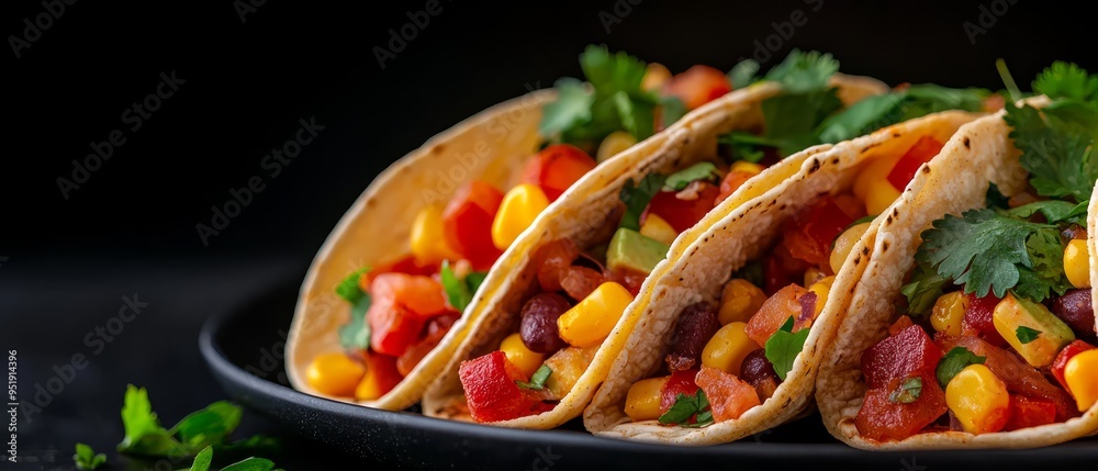 Canvas Prints  A tight shot of three tacos on a plate, garnished with cilantro, corn, and peppered cilantro