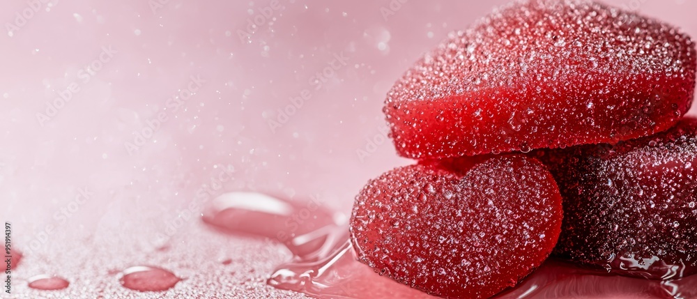 Poster  A red heart pile sits atop a table, beside drops of water on a pink surface