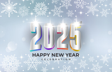 2025 happy new year template banner with modern 3d text effect and beautiful sparkle luxury shiny ornament abstract gradient white background design 3