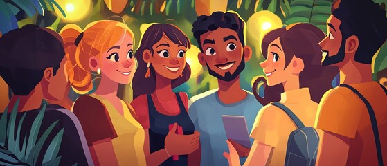 A vibrant group of friends laughing and chatting under glowing lights, creating a joyful atmosphere of camaraderie and connection.