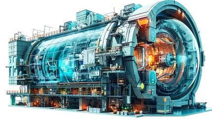 Fototapeta premium An image showcasing the latest in nuclear fission technology, with a cutaway view of a Generation IV reactor, highlighting its advanced safety features, high efficiency, and potential for using 