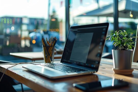 Laptop computer is open on a desk in an office, showing lines of code on the screen