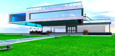 Entrance to an ultra-modern aqua complex with an integrated suspended pool holding three million decaliters. 3D rendering.