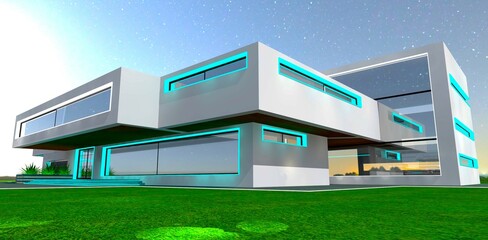 Cubist box-like structures of private luxury country housing at night. 3D rendering.