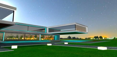 Cantilevered structures of trendy luxury housing against the backdrop of a mysterious pre-dawn sky. 3D rendering.