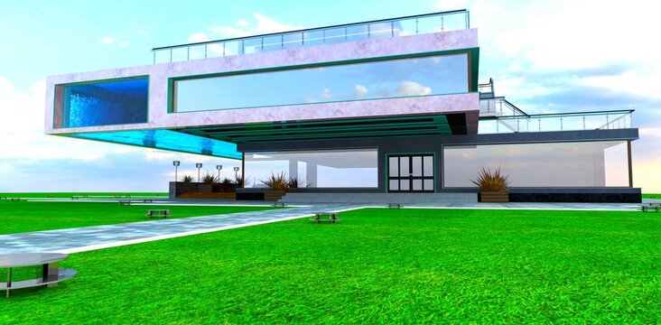 Entrance to an ultra-modern aqua complex with an integrated suspended pool holding three million decaliters. 3D rendering.