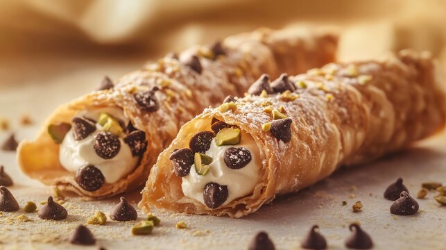 Sicilian cannoli with pistachio and chocolate chips, set against a warm, golden-hued backdrop