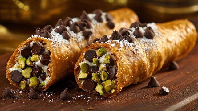 Sicilian cannoli with pistachio and chocolate chips, set against a warm, golden-hued backdrop