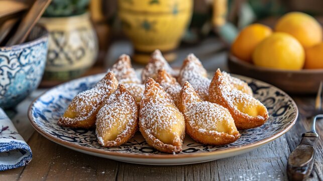 Sicilian cassatelle filled with sweet ricotta, arranged on a ceramic plate with a Mediterranean backdrop