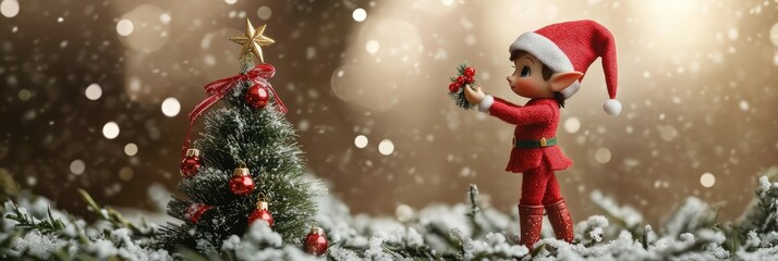 Adorable elf decorating a tiny Christmas tree