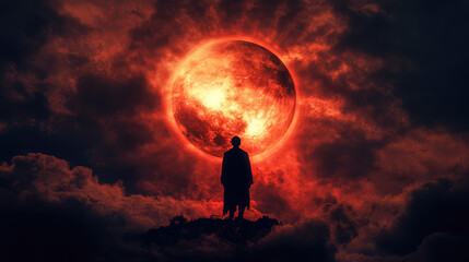Fototapeta premium A vampire's silhouette against the glowing orb of a blood moon, with dark clouds swirling around.