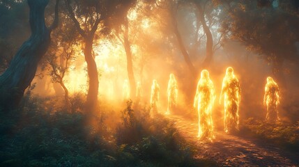 Spiritual guides a 3d visualization of benevolent glowing beings guiding a soul through a dark mystical forest towards the light - Detailed 3D Visualization and Theoretical Exploration