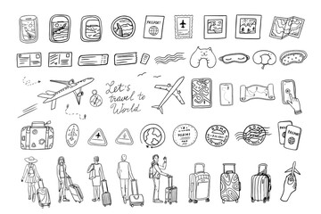 Large set of travel theme in doodle style. Woman and man with suitcase. Baggage, plane, fly, ticket, flight, boarding pass, view from the window, postage stamp, passport stamp, passport. Hand drawn