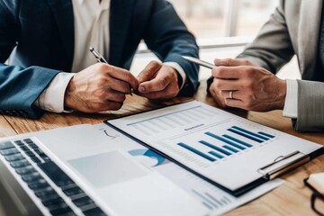 Fototapeta premium Businesspeople analyzing financial reports and statistics using laptop