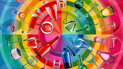 Glass and bottles on bright and colorful background with copy space