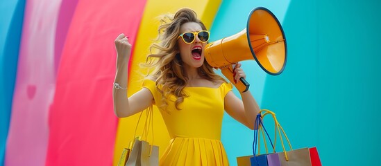 Stylish woman in yellow dress, sunglasses, shopping bags, screaming into megaphone, vibrant background, copy space for your design.