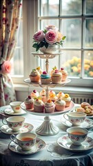 Fototapeta premium A beautifully set table features an elegant afternoon tea arrangement.