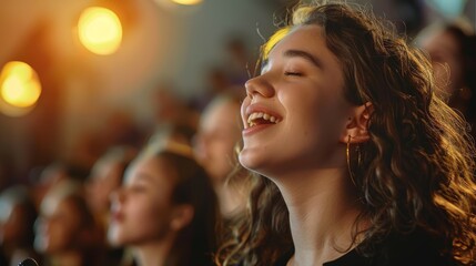 Fototapeta premium Happy Young Woman with Long Brown Hair Singing in Concert
