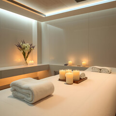 Relaxing spa treatment room featuring candles and fresh flowers at dusk