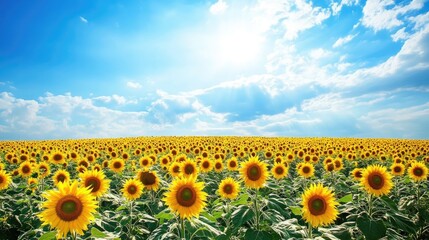 Obraz premium A vast field of sunflowers under a bright blue sky, illustrating the beauty and abundance of Earth flora