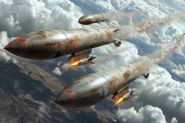 Obraz premium Three rusty nuclear missiles are flying over land while leaving a trail of smoke