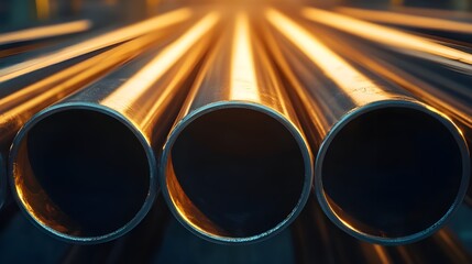 Close Up of Shiny Metal Pipes in Industrial Setting.