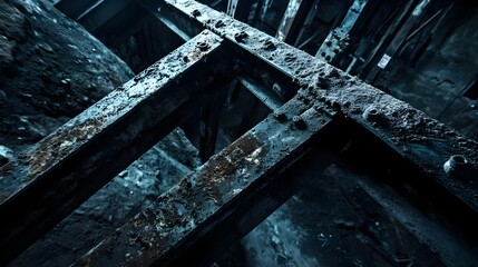 Rusty Metal Beams in a Dark Abandoned Building.