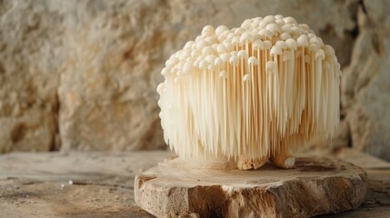 A large mushroom with many white points sits on a wooden surface