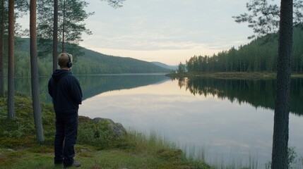 A young man in a hooded sweatshirt stands near a tranquil lake, enjoying music through headphones as the sun sets, surrounded by lush greenery and mountains