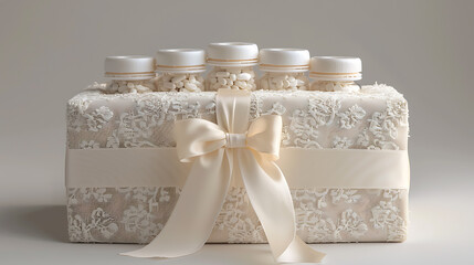 A delicate gift box wrapped in white lace and a large satin bow, topped with small jars filled with white pills.