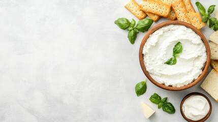 Fresh cucumber slices and a creamy spread sit in a wooden bowl, accompanied by crunchy French bread sticks on a light kitchen table, perfect for a delightful snack or appetizer