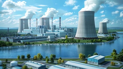 Obraz premium A detailed depiction of a nuclear power plant s emergency safety systems, including backup generators, cooling ponds, and containment domes, all activated in a scenario where engineers are responding 