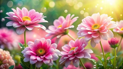 Vibrant pink flowers with delicate white centers, lush green foliage, dew-kissed petals, warm sunlight, soft focus background, pastel hues, whimsical, intimate, macro, bokeh, floral wonderland